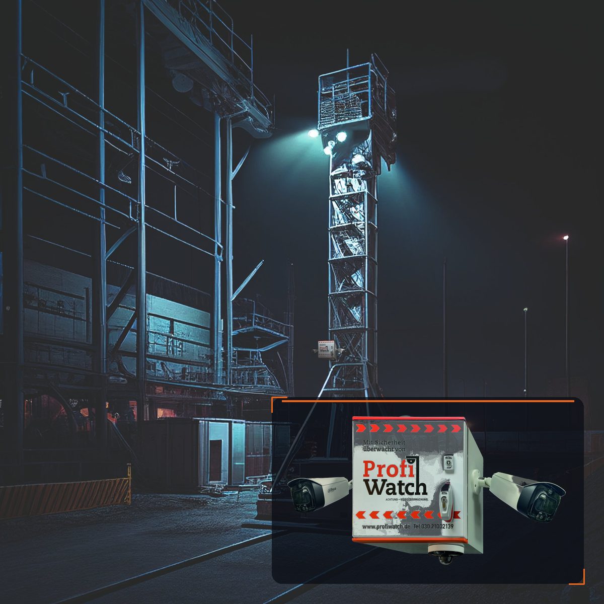 ProfiWatch Überwachungsturm bei Nacht auf Industriegelände